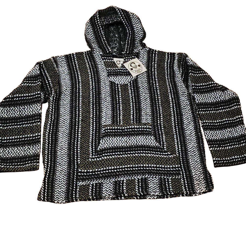 Wild Bill's Baja Co Sweater Mens Large Black Stripe Hooded Knit Baja Pullover